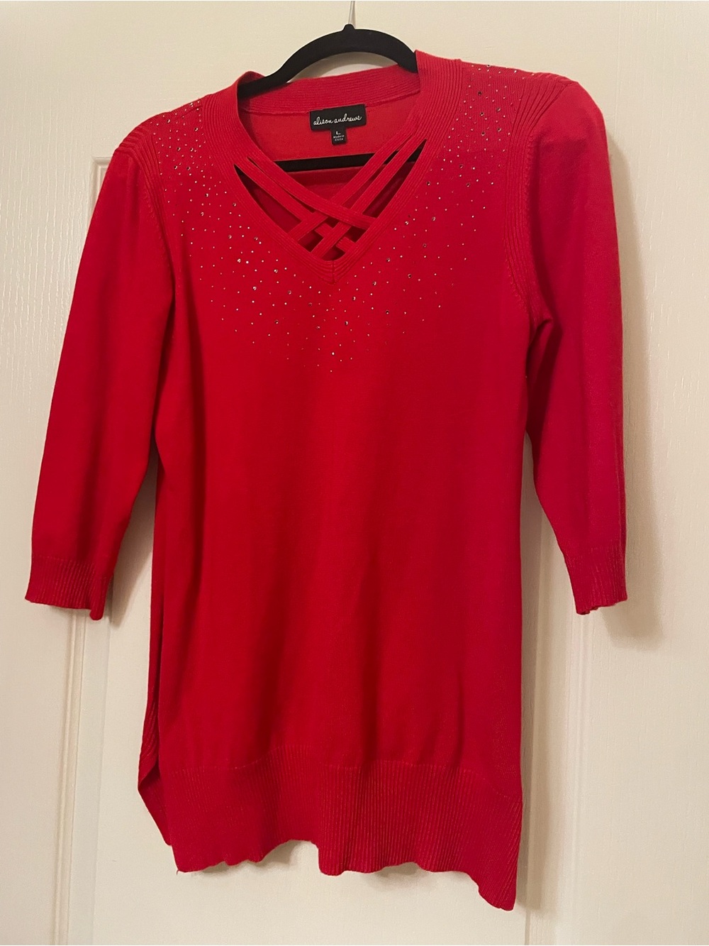 Alison Andrew's Red Crisscross V-Neck Sweater with Stud Detail